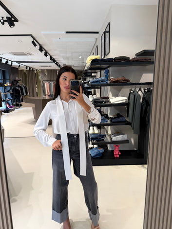 Camicia donna panna con cravatta e drappeggio – Silence