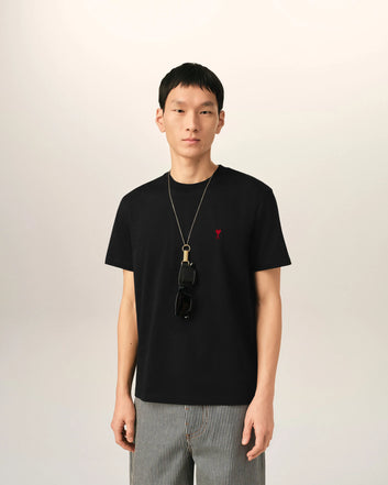 T-shirt uomo nera con piccolo logo sul petto – Ami Paris