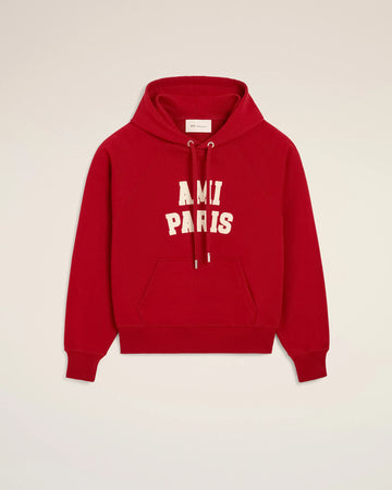 Felpa con cappuccio in cotone rosso con ricamo Ami Paris