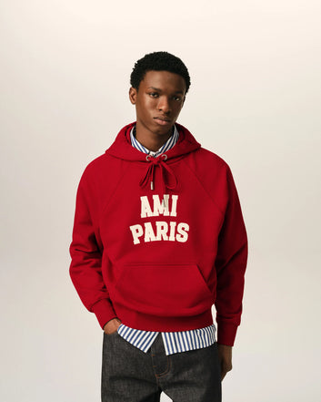 Felpa con cappuccio in cotone rosso con ricamo Ami Paris